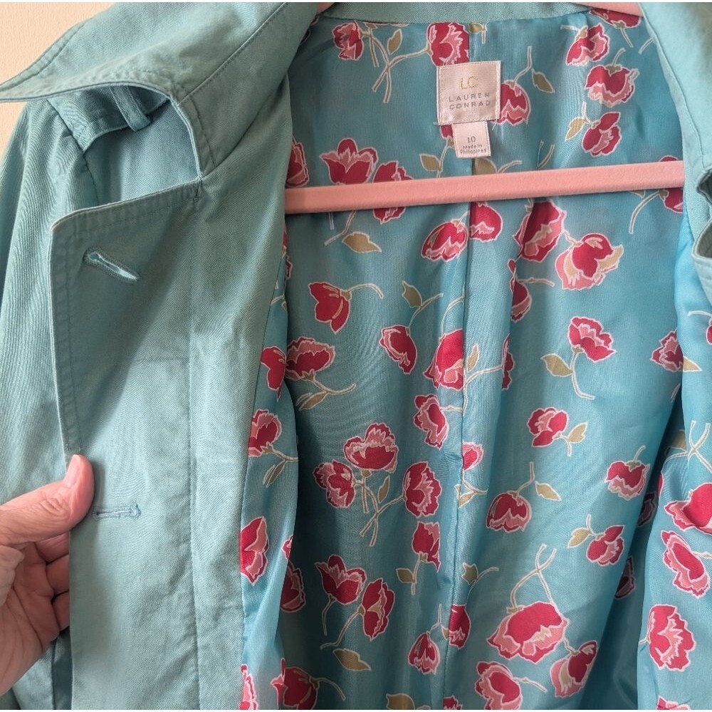 LC Lauren Conrad Bow Trench Coat Mint Teal Size 10 - Picture 8 of 8